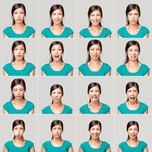 Young woman making sixteen different facial expressions. High resolution image. All the pictures was taken with a medium format Hasselblad Camera system and developed from Raw.