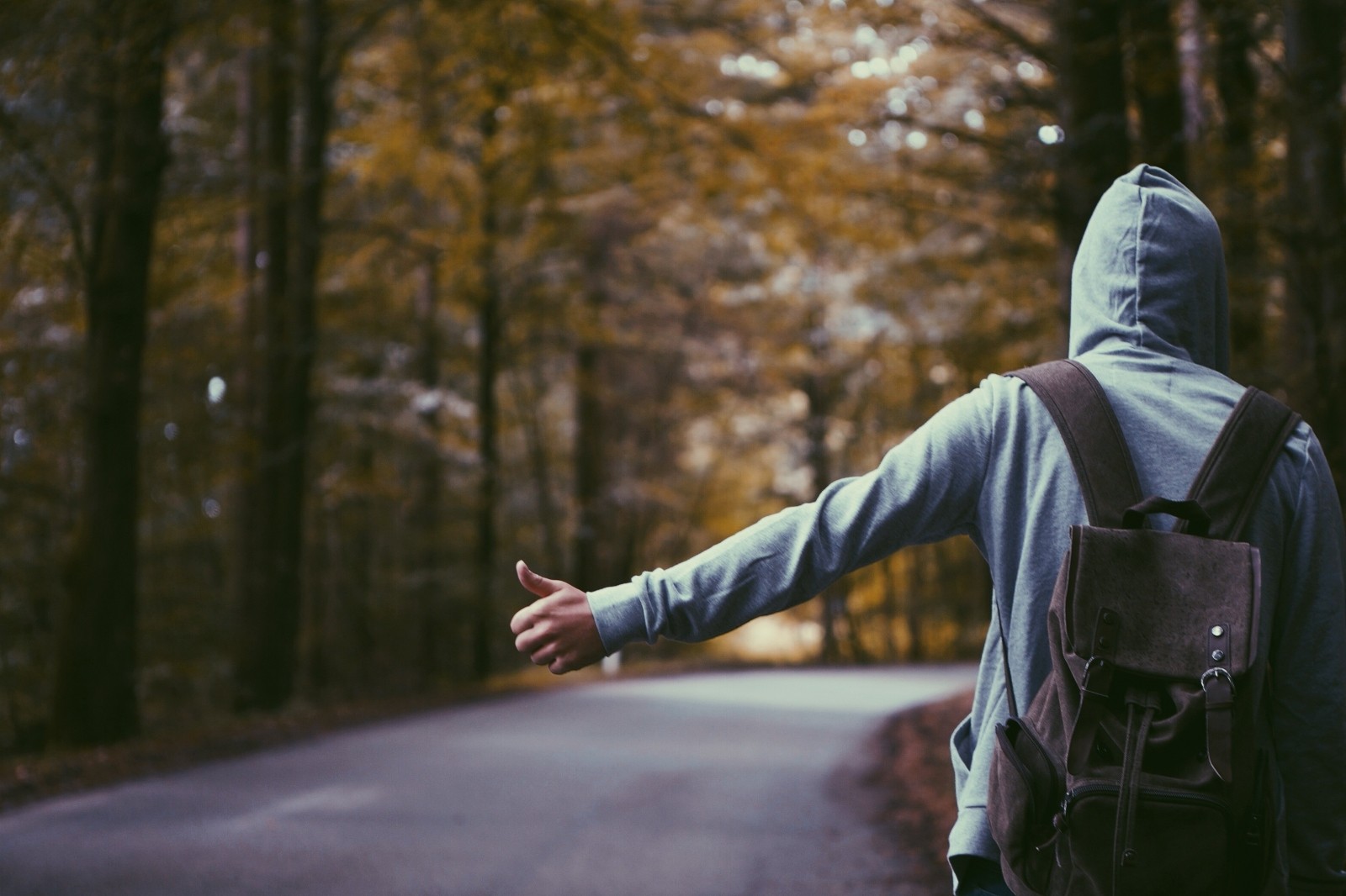 hitch-hiker-wearing-hood-on-road-in-forest