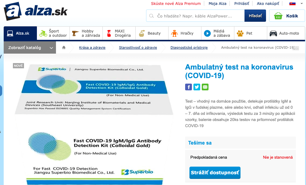 E-shop Alza.sk ponúka domáci test na koronavírus, objednať sa zatiaľ nedá