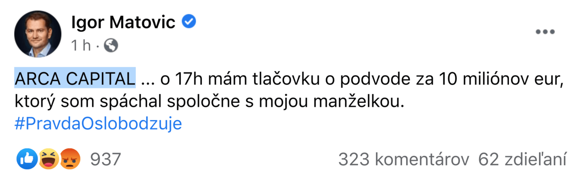 Screenshot Facebook Igora Matoviča