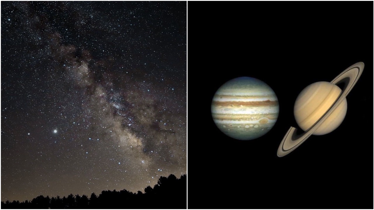 vesmír jupiter saturn nočná obloha december