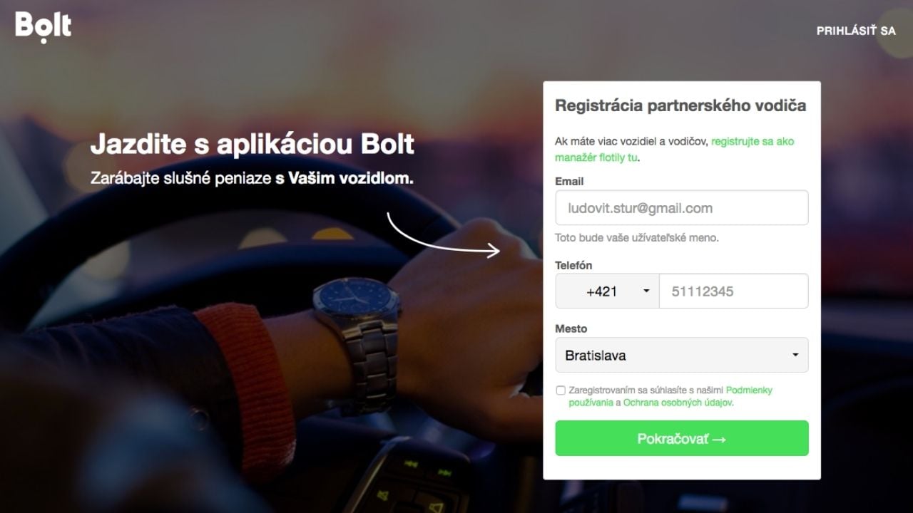 Bolt registrácia dopravca