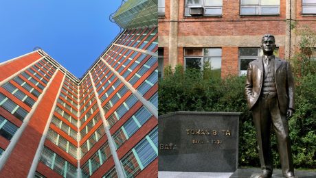Na snímke baťovská budova a socha Tomáša Baťu v Partizánskom.