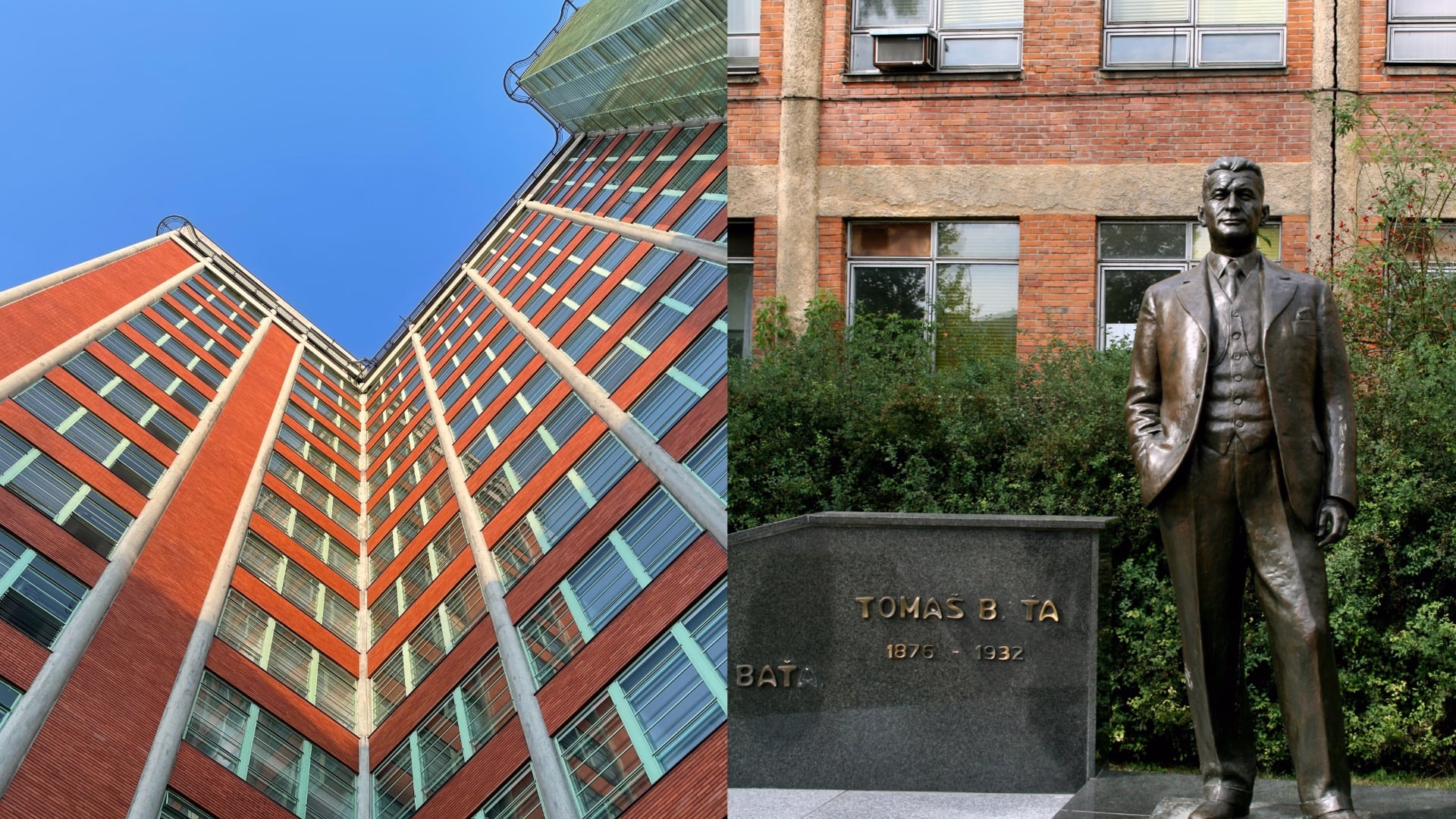 Na snímke baťovská budova a socha Tomáša Baťu v Partizánskom.