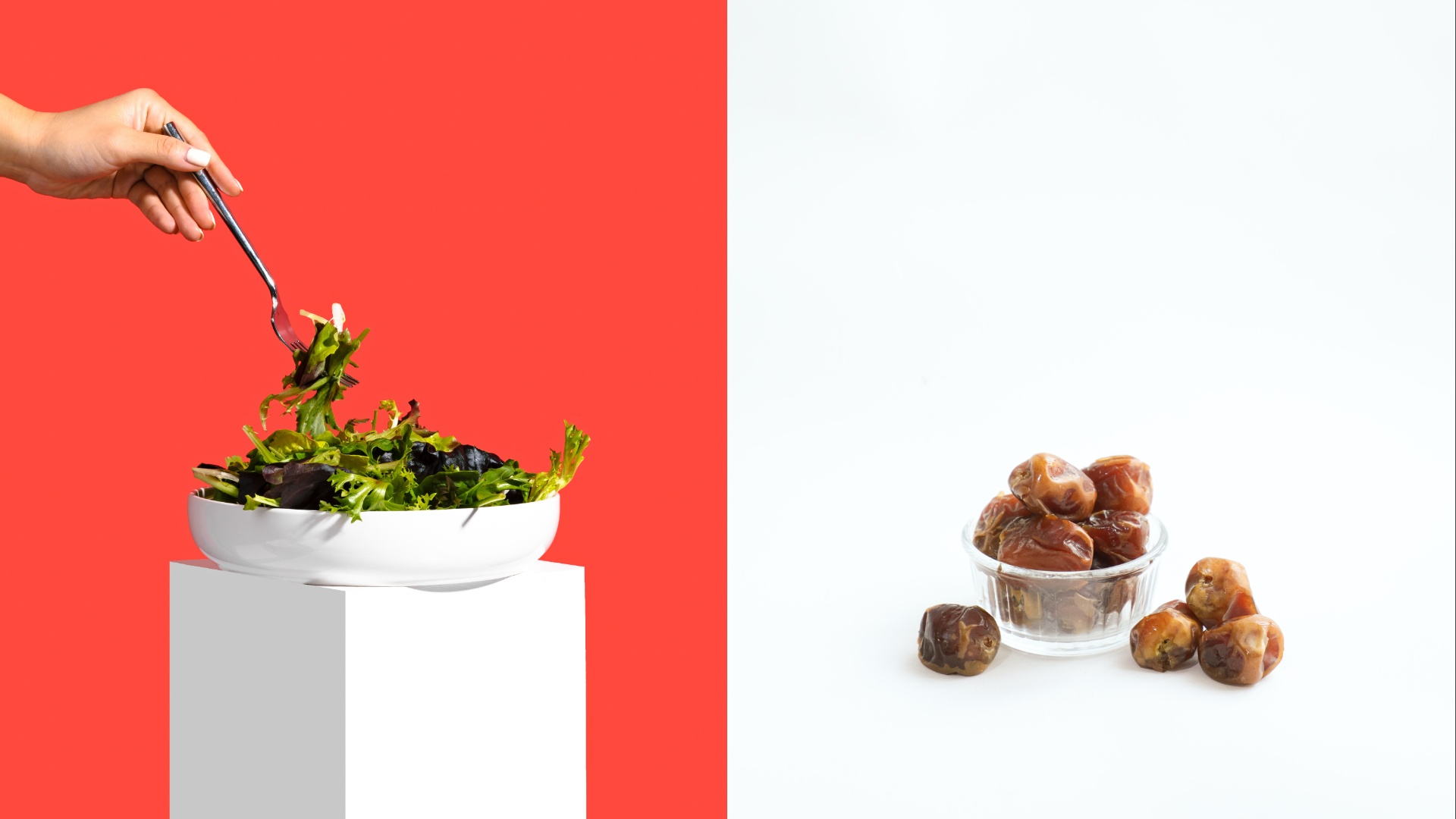 ruka s miskou šalátu, ďatle