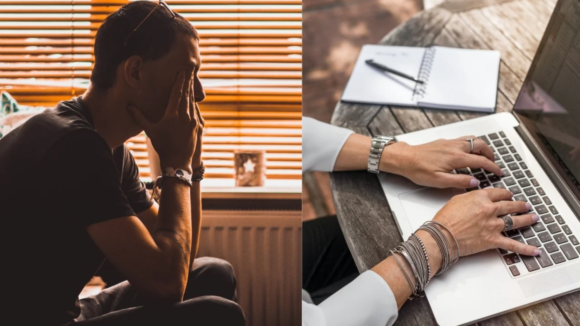 muž si drží rukami tvár a je nešťastný, žena pracuje s notebookom