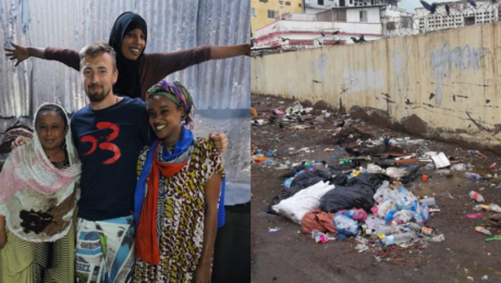 Fotografia s obyvateľmi afrického mesta a odpadky na uliciach