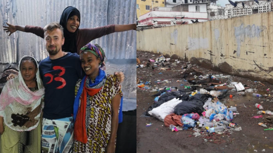Fotografia s obyvateľmi afrického mesta a odpadky na uliciach