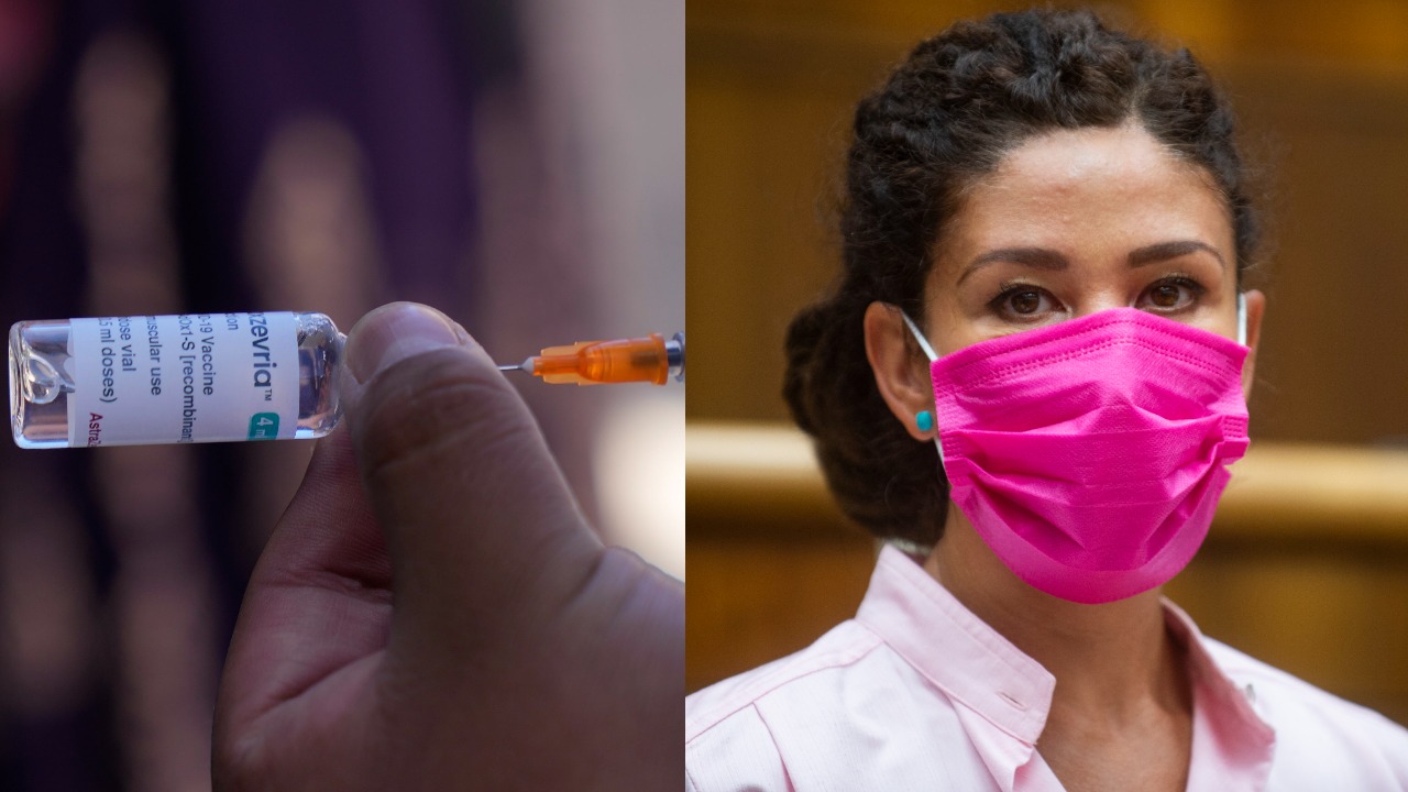 Zdravotnícky pracovník pripravuje dávku očkovacej vakcíny firmy AstraZeneca. Na snímke europoslankyňa Lucia Ďuriš Nicholsonová (SaS).