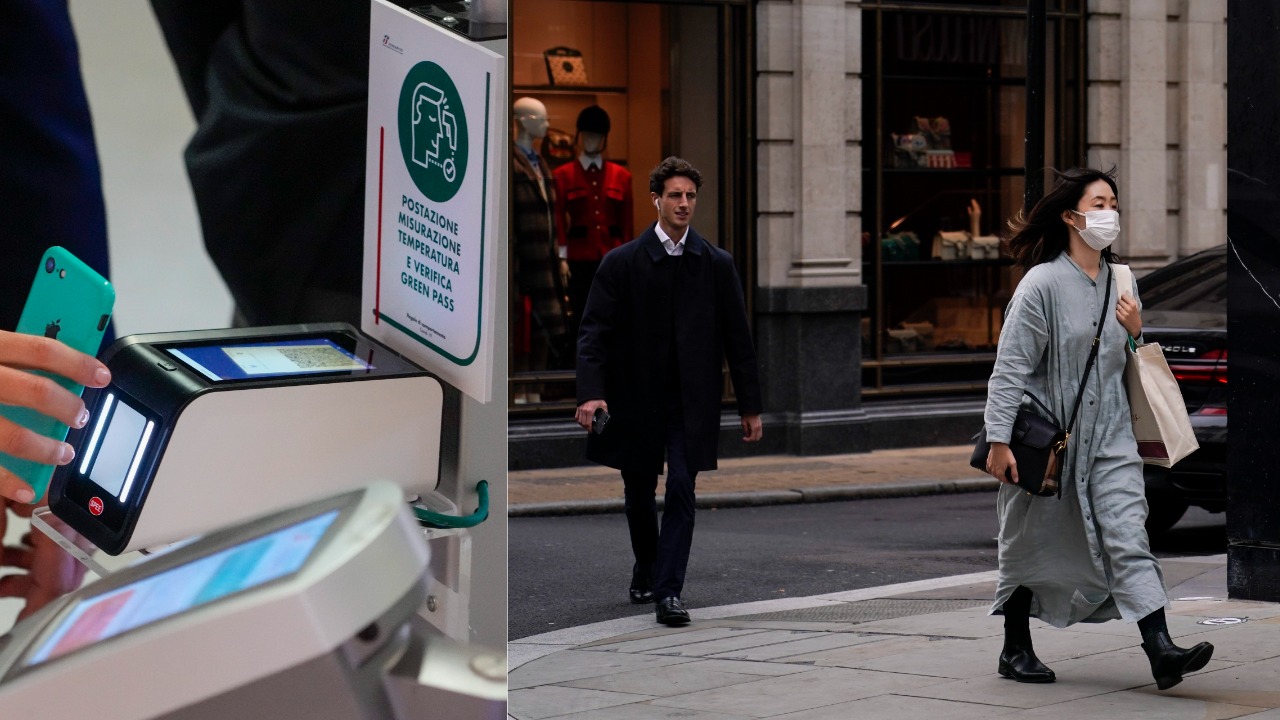 Povinné covidpasy pri vstupe do práce. Žena s ochranným rúškom kráča na ulici v Londýne 19. októbra 2021.