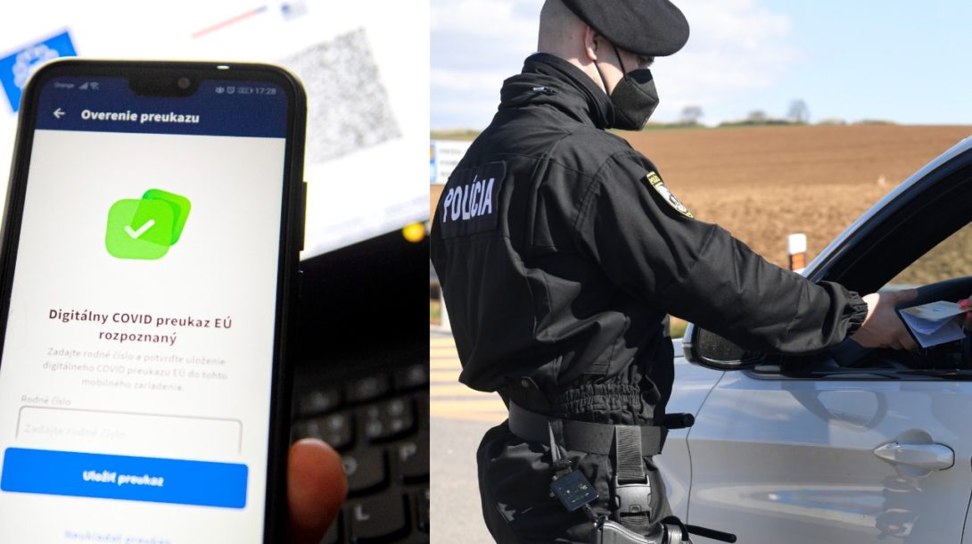 Digitálne COVID preukazy Európskej únie aplikácia GreenPass. Polícia počas kontroly na slovensko-maďarskom hraničnom priechode.