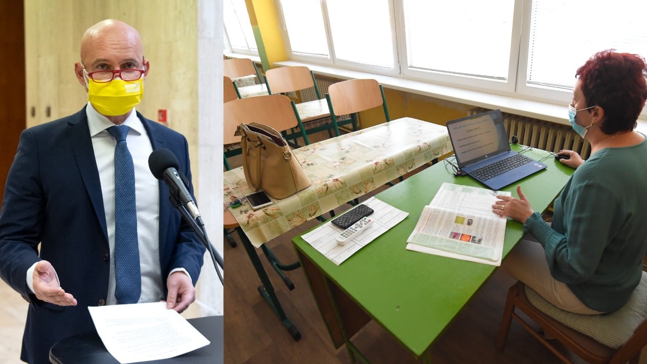 Na snímke minister školstva, vedy, výskumu a športu SR Branislav Gröhling (SaS). Na snímke učiteľka počas dištančného vyučovania na ZŠ Krosnianska 2 v Košiciach.