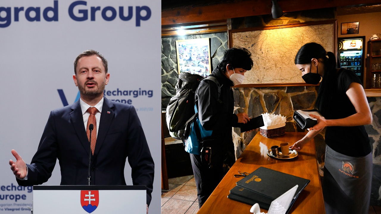 Slovenský premiér Eduard Heger počas tlačovej konferencie. Zákazníčka si objednáva kávu v režime „Cez okienko“ v reštaurácii.