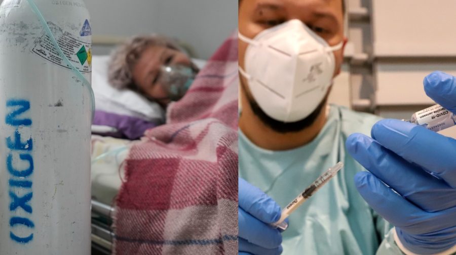 Pacientka dýcha cez kyslíkovú masku na Covid oddelení. Na snímke zdravotník si naťahuje do injekčnej striekačky vakcínu proti ochoreniu COVID-19 .