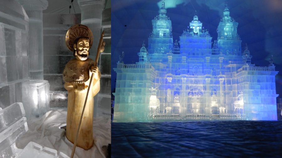Na snímke drevená socha sv. Jakuba, ktorá je súčasťou Tatranského ľadového dómu vo Vysokých Tatrách. Na snímke dielo z ľadu - Katedrála sv. Jakuba zo Santiaga de Compostela na Hrebienku vo Vysokých Tatrách.