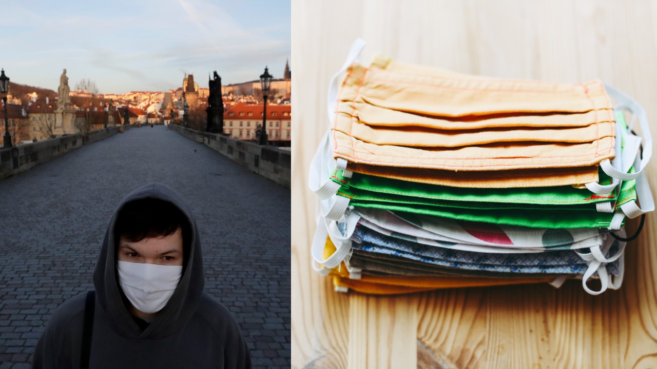 Na archívnej snímke zo 16. marca 2020 mladý muž s ochranným rúškom. Rúška