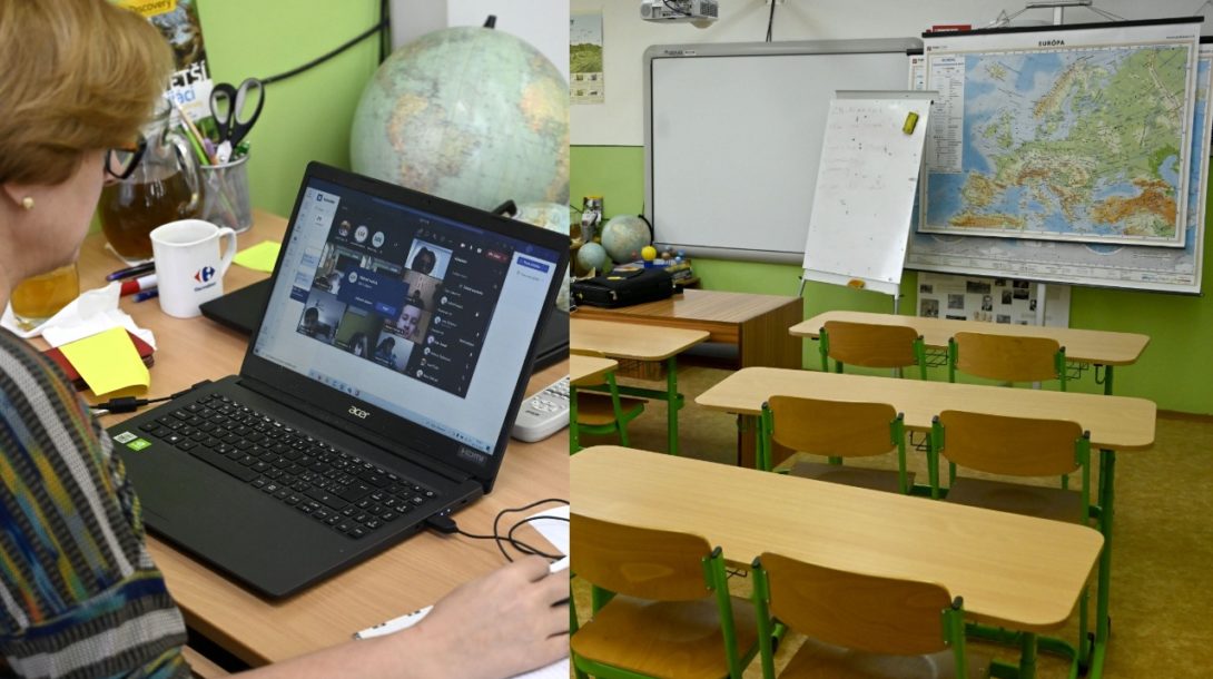 Na snímke učiteľka Jana Džuková vyučuje zemepis na druhom stupni online.
