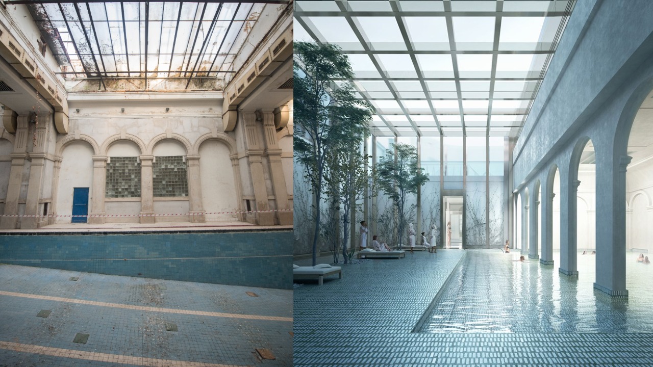 Na snímke súčasný stav budovy bývalých kúpeľov Grössling 19. októbra 2018 v Bratislave. Projektová snímka kupeľov Grössling