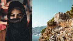 žena v hijabe a turecké mesto antalya