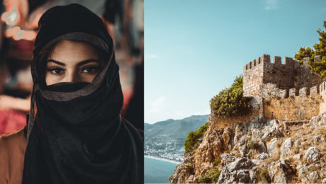 žena v hijabe a turecké mesto antalya