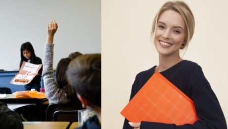 na fotografii učiteľka a žiaci