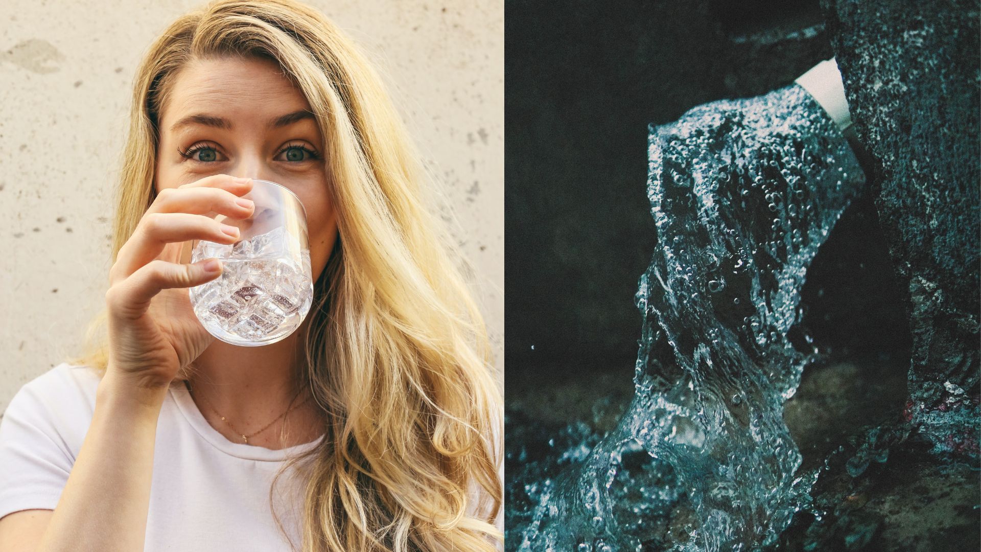 blondýna pije vodu a voda tečie