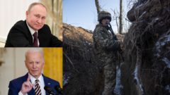 Prezident Ruska Vladimir Putina a prezident USA Joe Biden. Vojna na Ukrajine, vojaci v zákopoch, USA posielajú milióny na boj proti Rusku