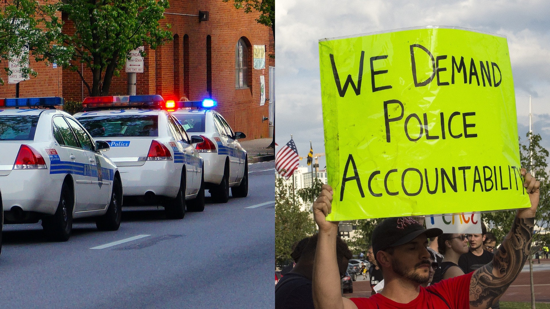 policajne auta protest transparent