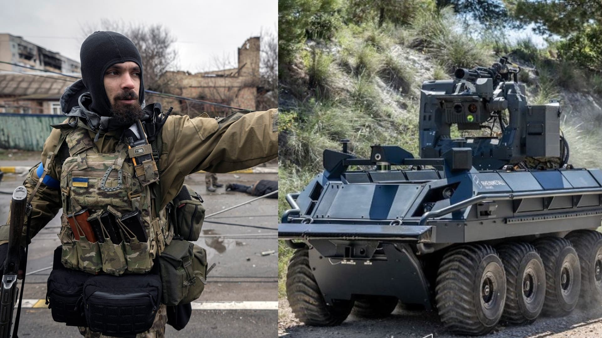 Ukrajinský vojak zabezpečuje presun spolubojovníkov počas kontroly nástražných pásc v meste Buča pri Kyjeve počas 38. dňa ruskej invázie na Ukrajinu v sobotu 2. apríla 2022.