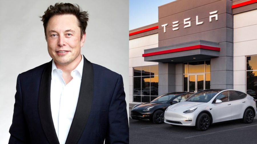 Na snímke Elon Musk a predajňa tesla.
