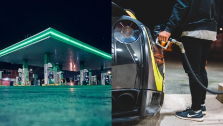 benzínová pumpa a človek, ktorý tankuje do auta