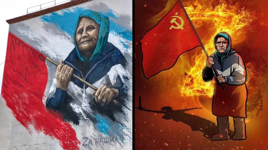 babka so sovietskou vlajkou propaganda
