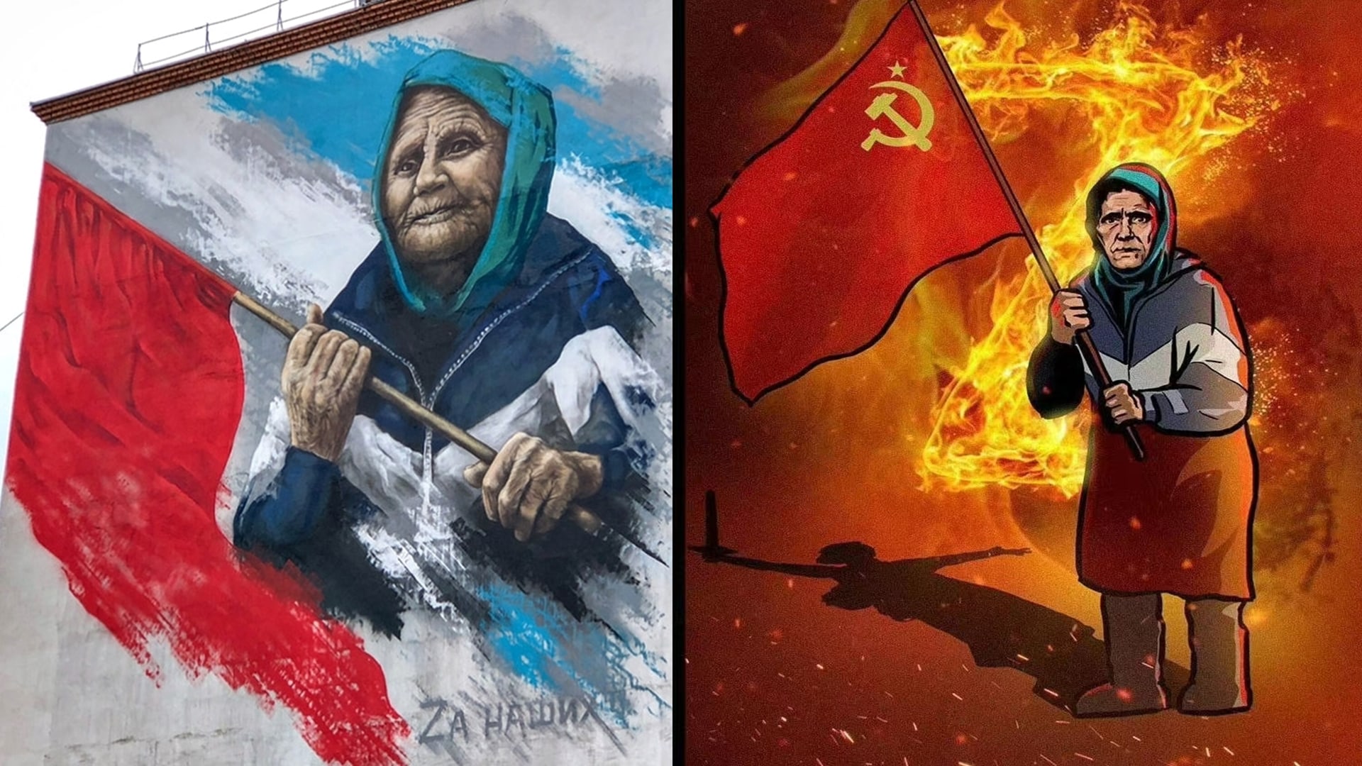 babka so sovietskou vlajkou propaganda