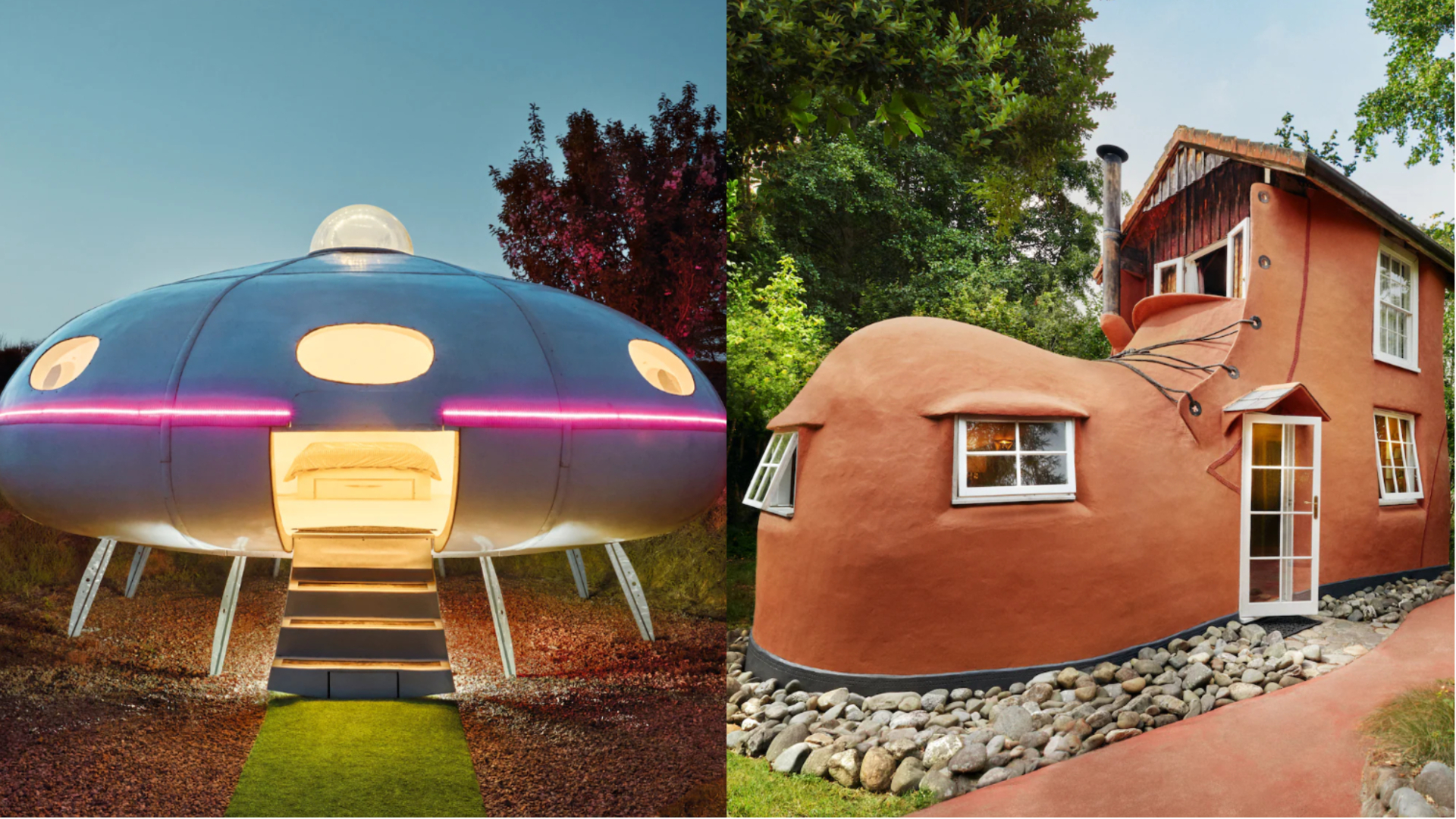 dom v tvare ufa a topánky z ponuky airbnb