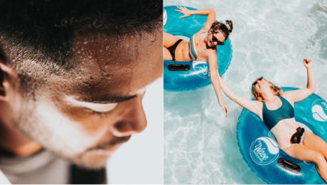 spotený chlapec, ktorému je horúco, horúčavy ťahajú Ľudí k vode na nafukovačky