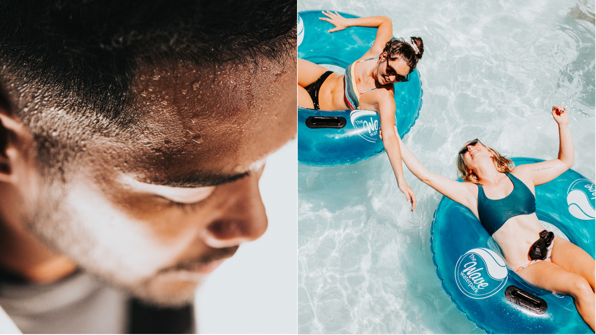 spotený chlapec, ktorému je horúco, horúčavy ťahajú Ľudí k vode na nafukovačky