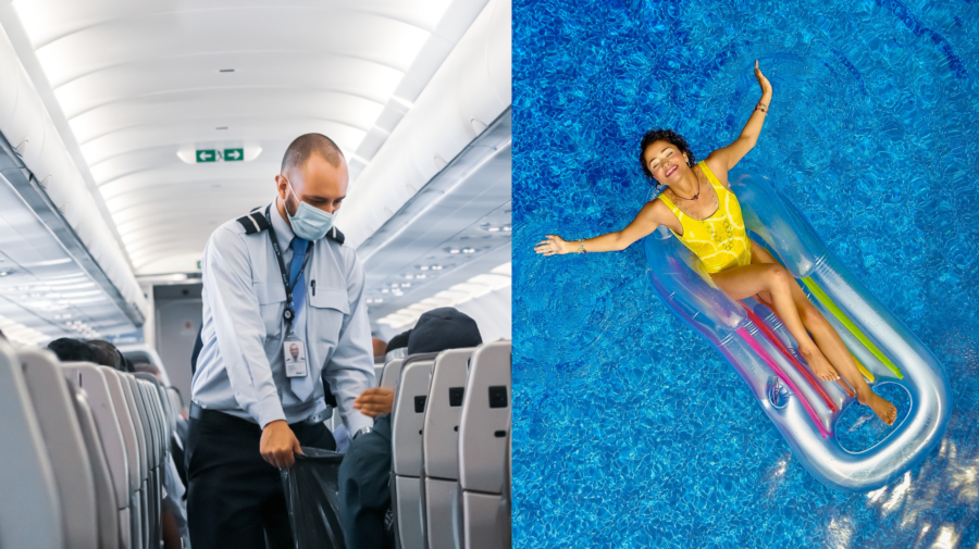 Na snímke muž v lietadle a žena v bazéne na nafukovačke.