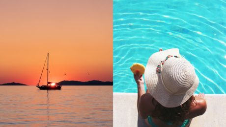 západ slnka a žena sediaca pri bazéne