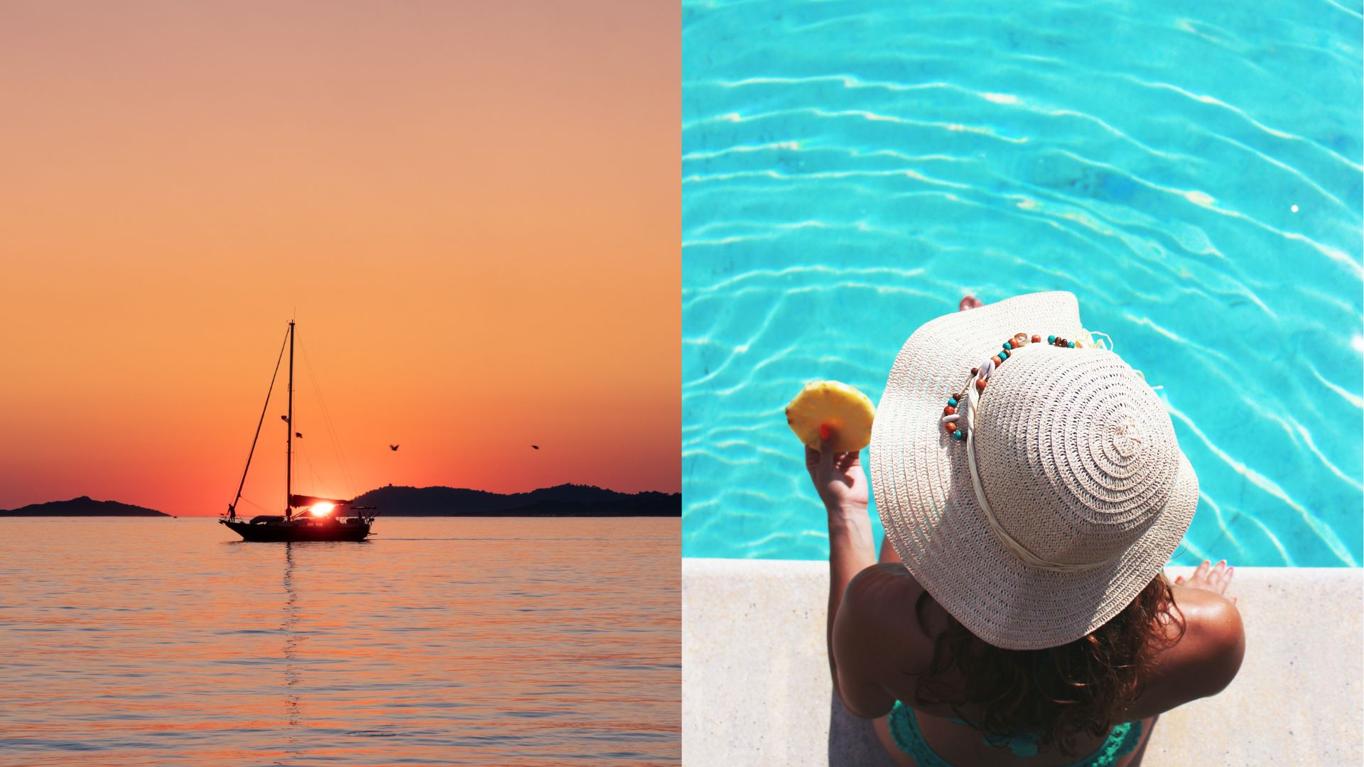 západ slnka a žena sediaca pri bazéne