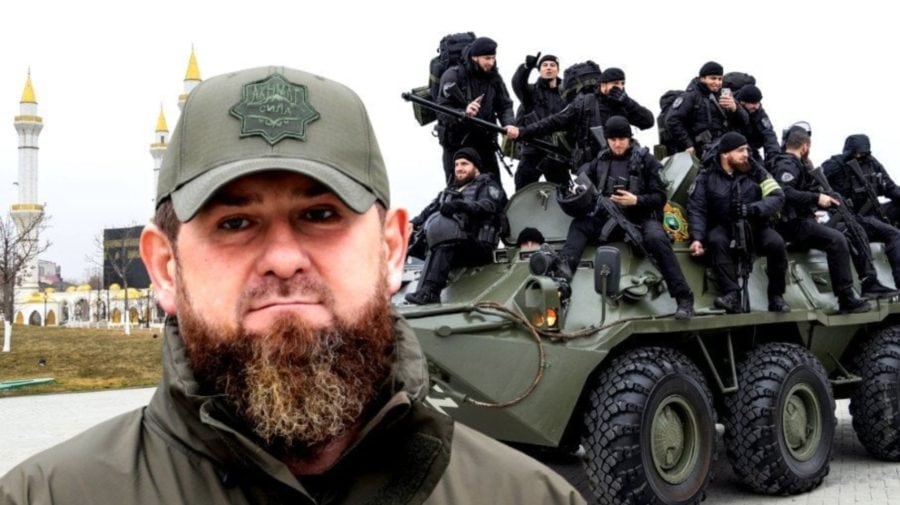 ramzan kadyrov, čečnský prezident, so svojimi vojakmi na obrnenom vozidle