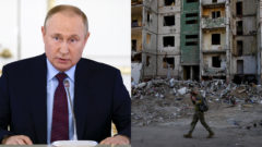 Putin a ukrajinské mesto zničené vojnou