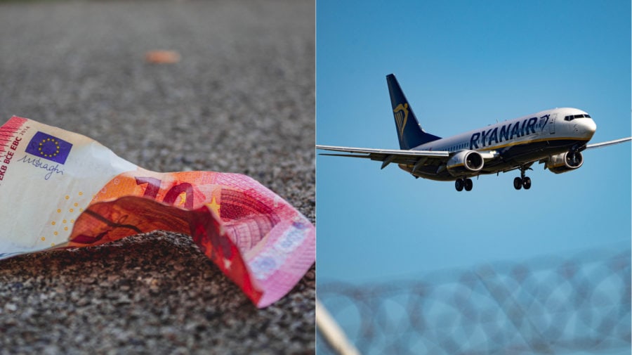 pokrčená bankovka v hodnote 10 eur a lietadlo spoločnosti ryanair