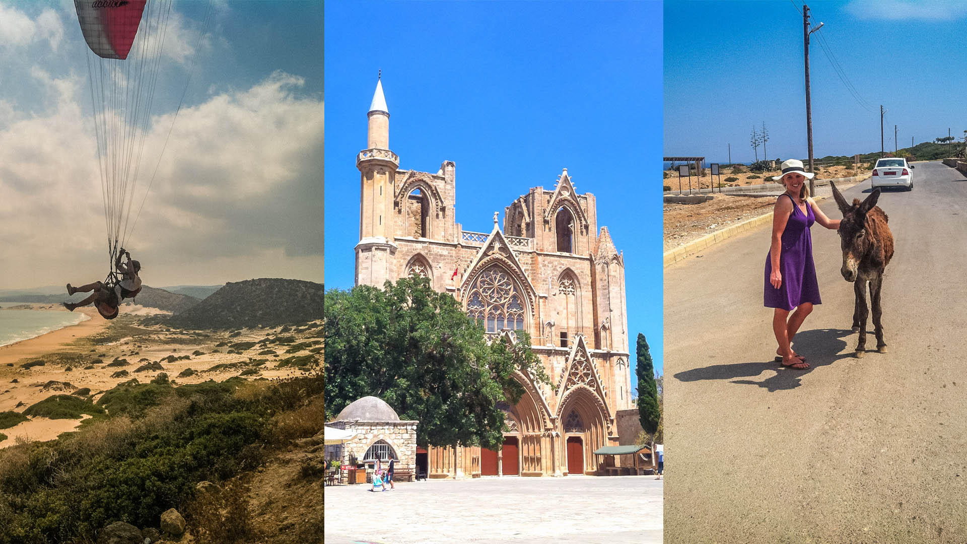 Paragliding nad plážu, gotická katedrála, čo sa stala mešitou, žena so somárom