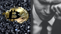 bitcoin minca zahrabaná v zemi a plačúci muž