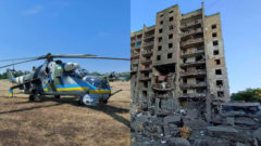 český vrtulnik darovaný ukrajine a zbombardovaná bytovka