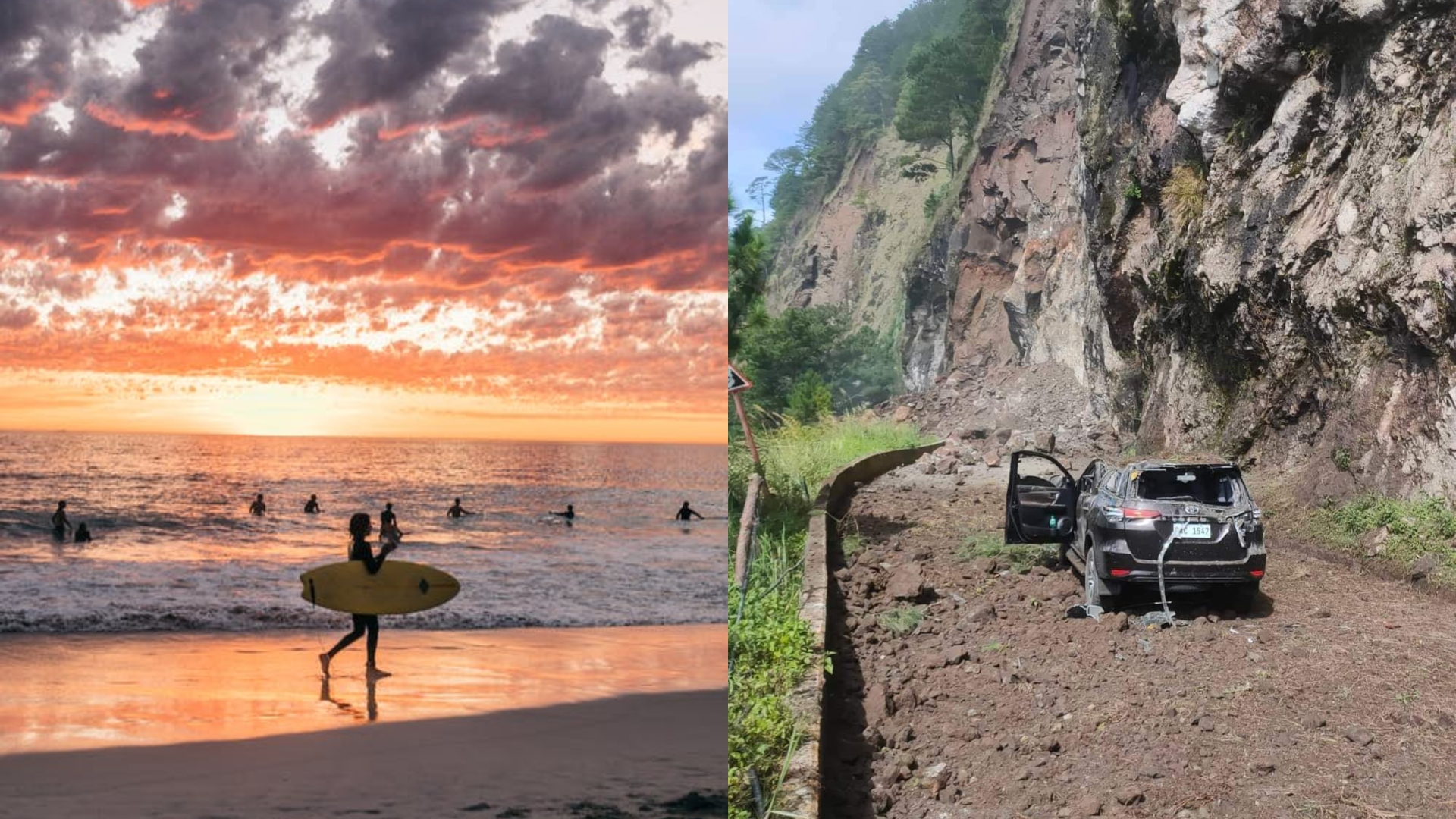 Na snímke je západ slnka na pláži a vozidlo zničené zemetrasením.