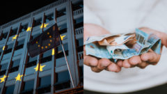 vlajka eú, ruka držiaca euro bankovky