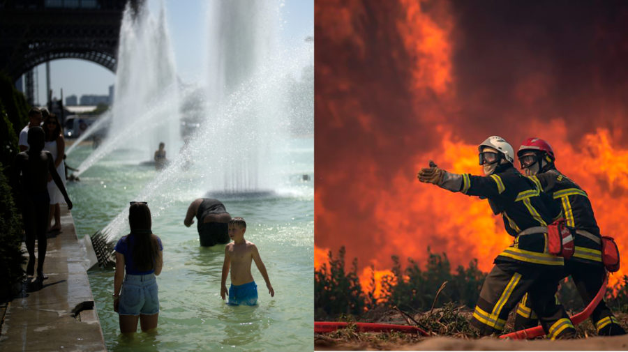 ľudia, ktorí sa kvôli horúčavám kúpu vo fontáne a hasiči, ktorí hasia požiare z vysokých teplôt