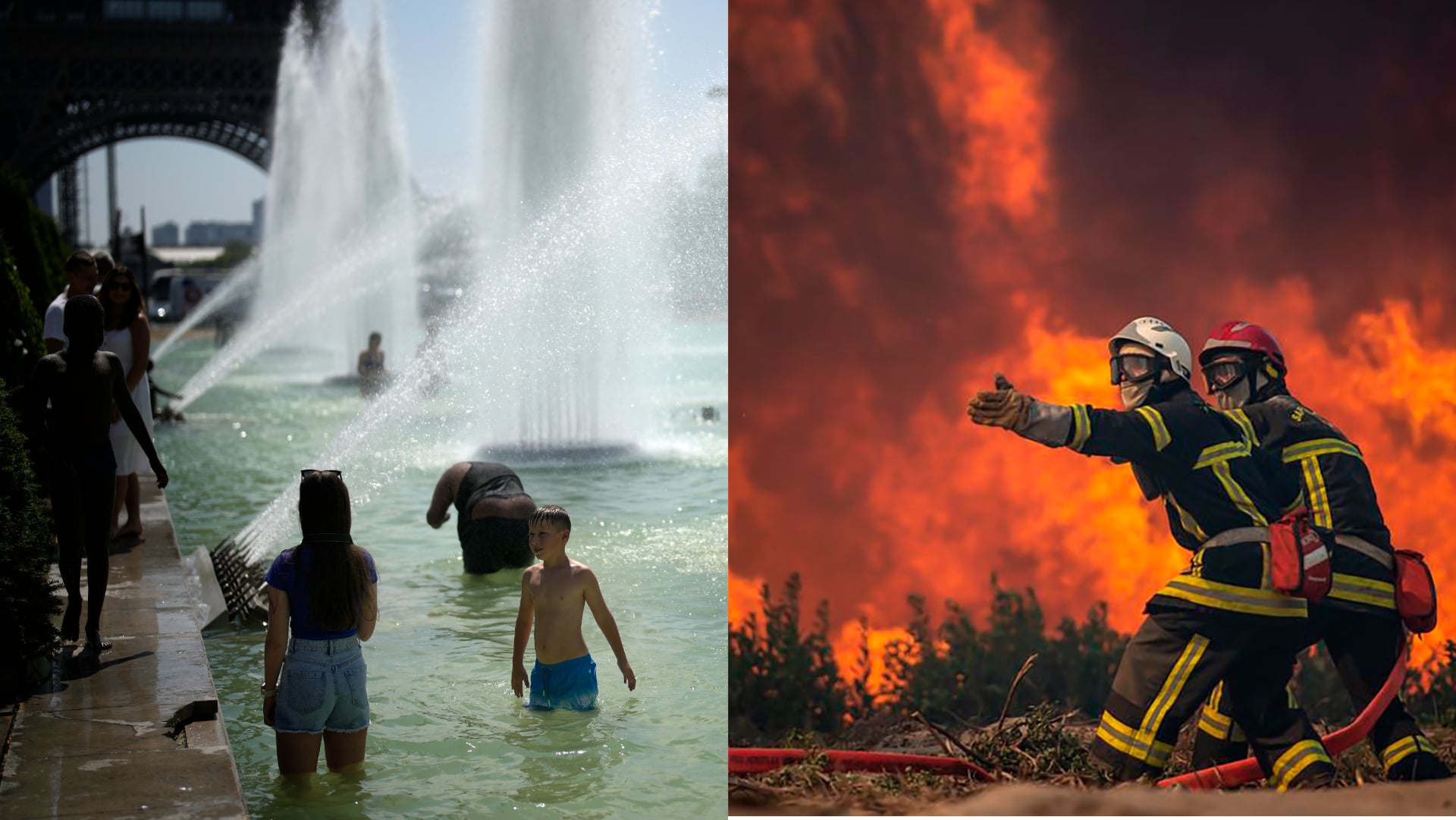 ľudia, ktorí sa kvôli horúčavám kúpu vo fontáne a hasiči, ktorí hasia požiare z vysokých teplôt