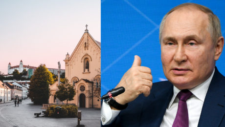 Na snímke je zachytená Bratislava a na druhej Vladimir Putin